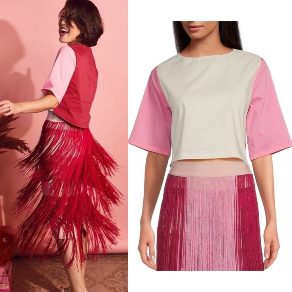 NWT Buru Short Sleeve Cropped Color Block Crew Neck Tee Pink & White Size M